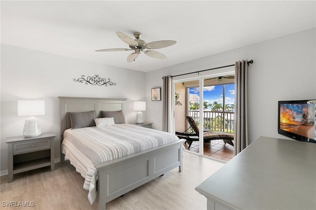 bedroom with ceiling fan, access to outside, and light hardwood / wood-style flooring