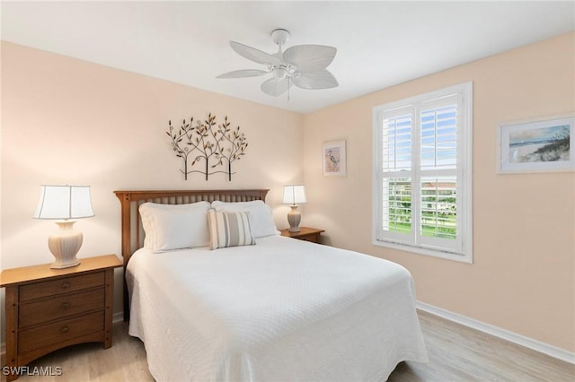 bedroom featuring ceiling fan and light hardwood / wood-style floors