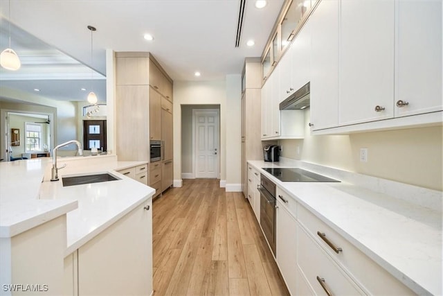 kitchen with appliances with stainless steel finishes, light wood-type flooring, sink, white cabinetry, and hanging light fixtures