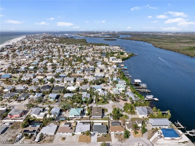 drone / aerial view featuring a water view