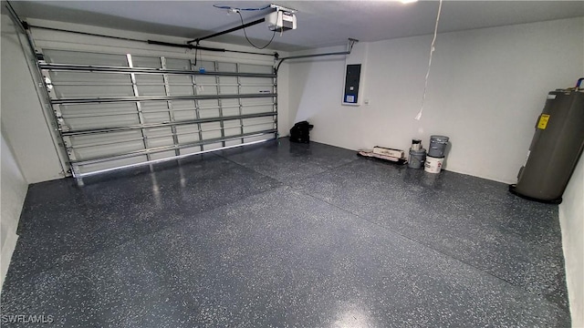 garage with electric panel, water heater, and a garage door opener