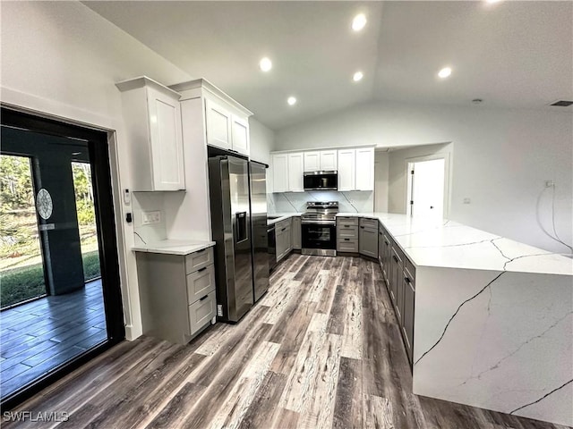 kitchen with lofted ceiling, dark hardwood / wood-style floors, gray cabinets, light stone counters, and stainless steel appliances