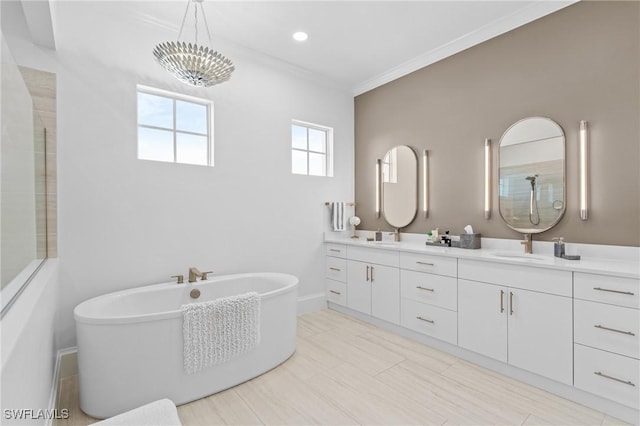 bathroom with plus walk in shower, vanity, crown molding, and a notable chandelier