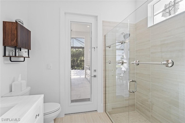 bathroom featuring vanity, toilet, and a shower with door