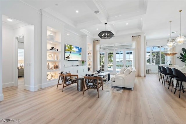 living room featuring french doors, beamed ceiling, coffered ceiling, and light wood-type flooring