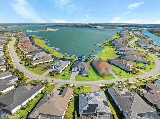 drone / aerial view featuring a water view