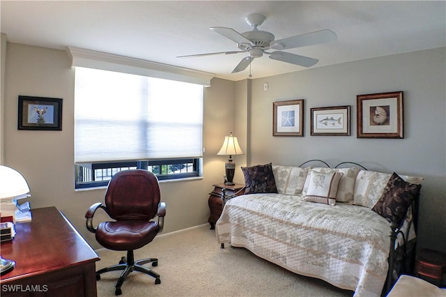 carpeted bedroom with ceiling fan and multiple windows