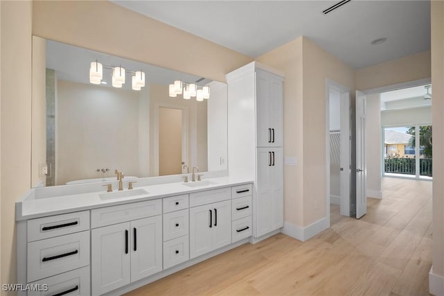 bathroom with wood-type flooring and vanity