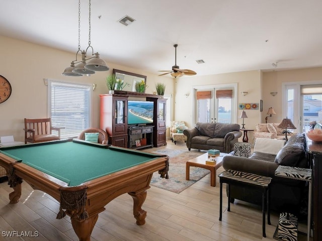 rec room featuring ceiling fan, light hardwood / wood-style floors, plenty of natural light, and billiards