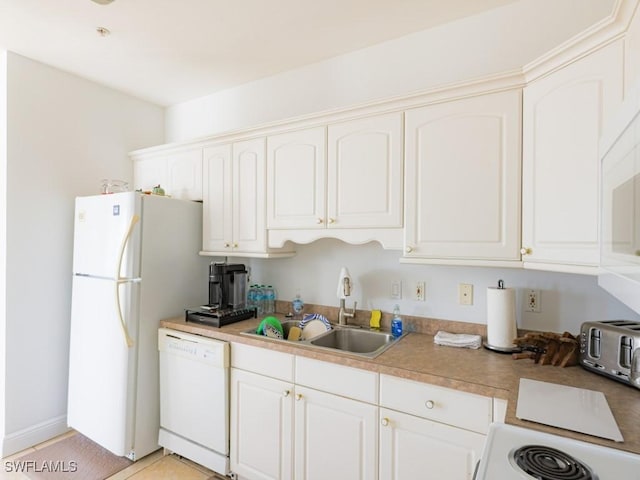 kitchen with dishwasher, white cabinetry, sink, and range