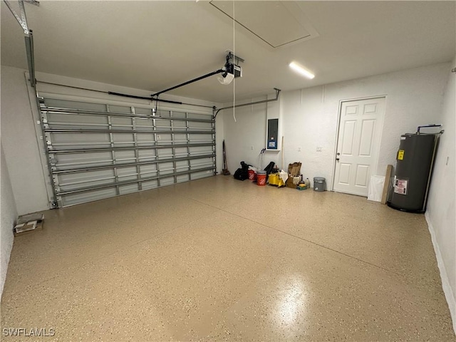 garage featuring electric panel, water heater, and a garage door opener