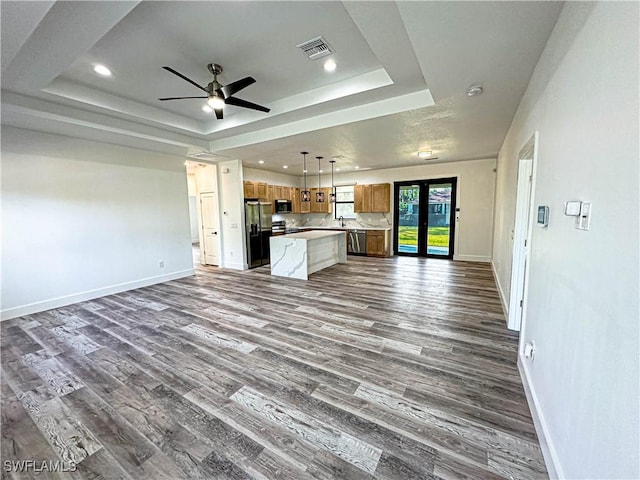 kitchen with a raised ceiling, dark hardwood / wood-style flooring, a center island, and stainless steel appliances