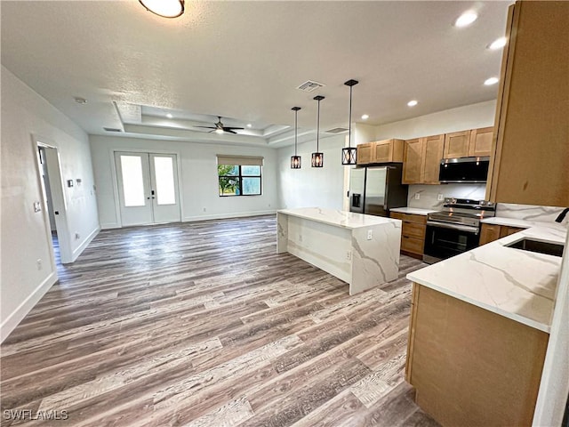 kitchen featuring sink, hardwood / wood-style flooring, appliances with stainless steel finishes, a tray ceiling, and light stone counters