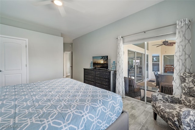 bedroom featuring ceiling fan, a closet, and hardwood / wood-style flooring