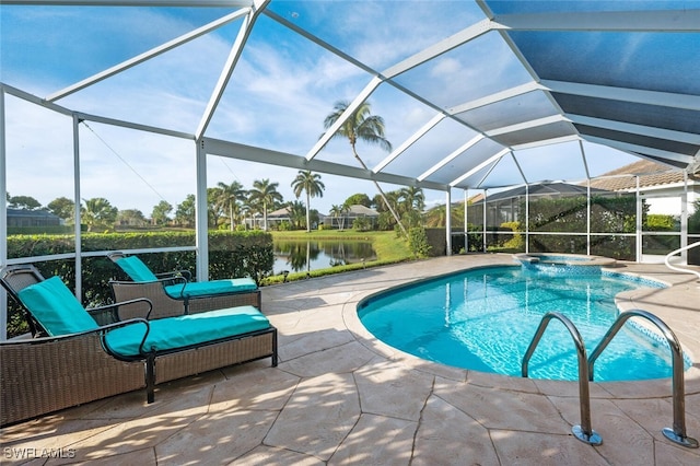 view of swimming pool with a lanai, a water view, a patio, and an in ground hot tub