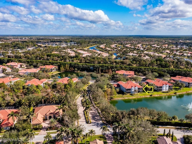 aerial view featuring a water view