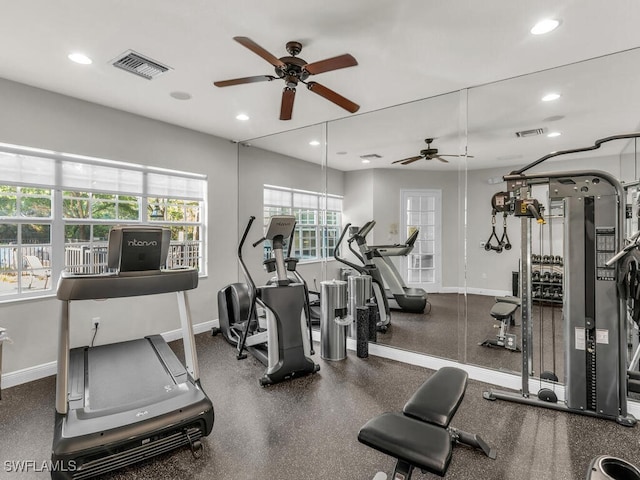 gym featuring ceiling fan