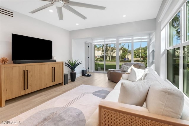 living room with light hardwood / wood-style flooring and a healthy amount of sunlight