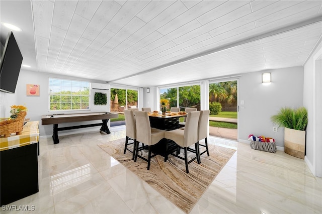 dining area featuring wood ceiling and billiards