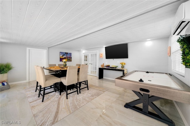 dining space featuring french doors, wooden ceiling, and a wall mounted air conditioner