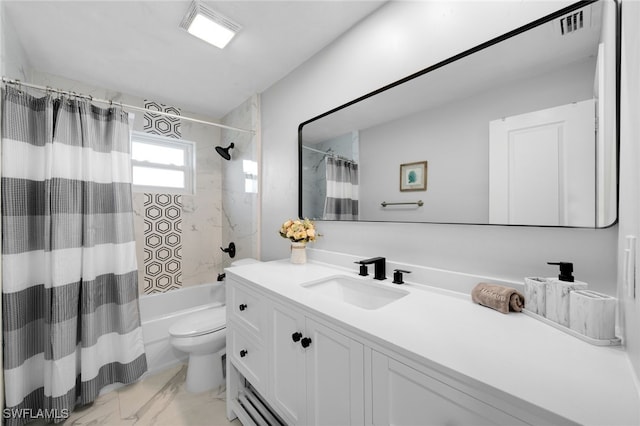 full bathroom featuring shower / tub combo, vanity, and toilet