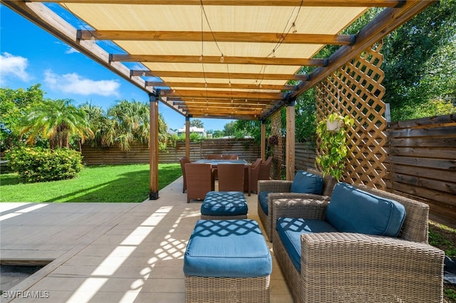 view of patio / terrace featuring outdoor lounge area and a pergola