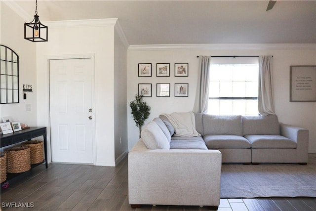 living room with dark hardwood / wood-style flooring and ornamental molding