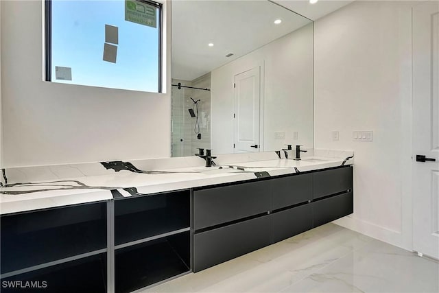 3307 NW 3rd St, Cape Coral, FL 33993 - bathroom with double vanity, marble finish floor, a tile shower, a sink, and recessed lighting