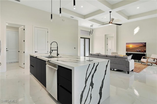 kitchen with ceiling fan, dishwasher, coffered ceiling, a spacious island, and decorative light fixtures