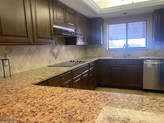 kitchen with sink, stainless steel dishwasher, decorative backsplash, light stone countertops, and black electric cooktop