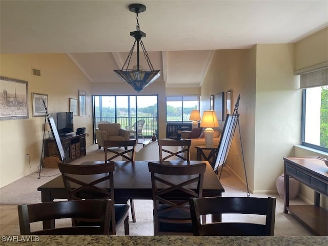 carpeted living room featuring a healthy amount of sunlight and lofted ceiling