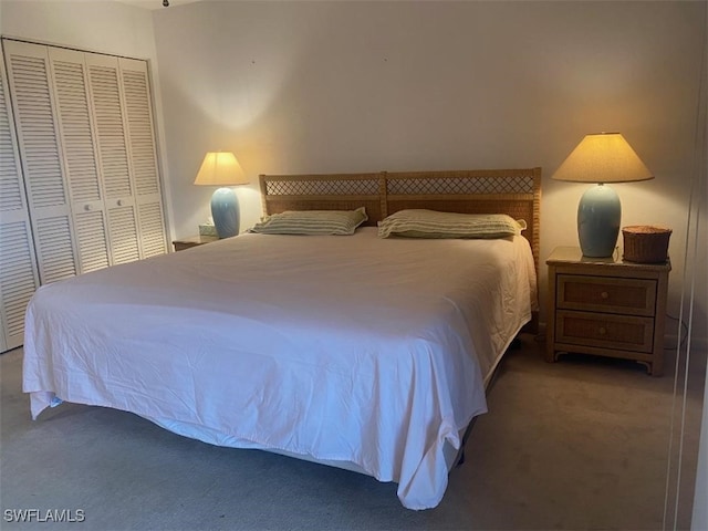 bedroom featuring carpet flooring and a closet