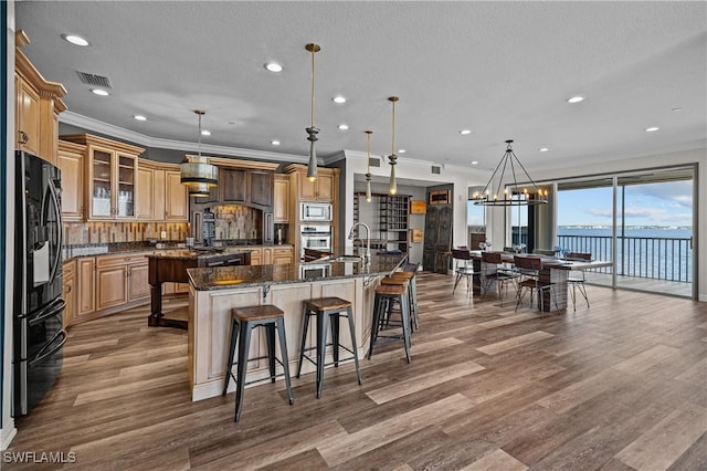 kitchen with pendant lighting, a water view, stainless steel appliances, and a large island with sink