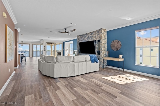 living room featuring ceiling fan, light wood-type flooring, and crown molding