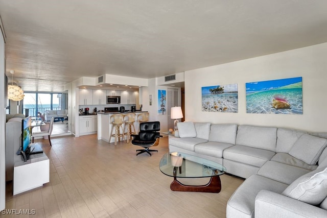 living room featuring a wall of windows and light hardwood / wood-style flooring