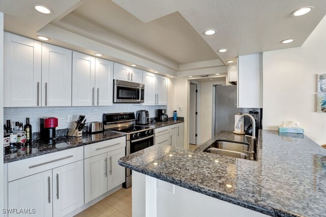 kitchen with dark stone counters, sink, white cabinetry, kitchen peninsula, and stainless steel appliances