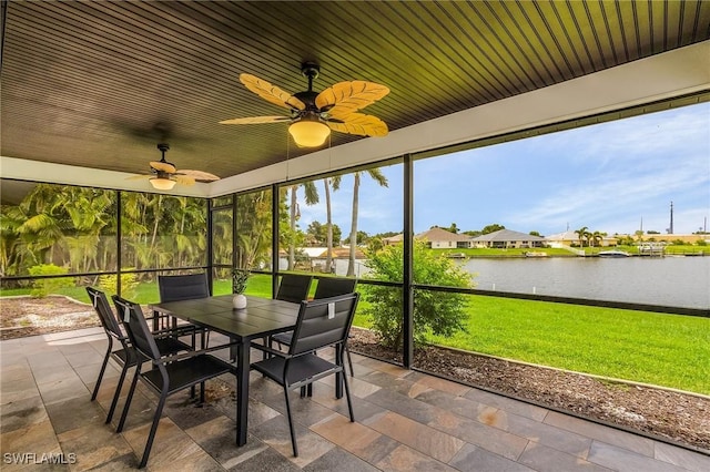 sunroom / solarium featuring ceiling fan, a water view, and wood ceiling