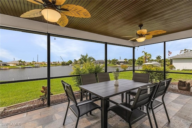 sunroom with a water view, ceiling fan, and wood ceiling