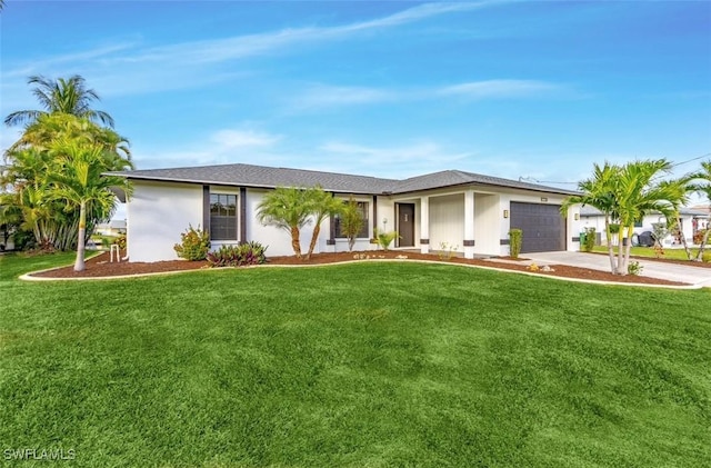 ranch-style house with a garage and a front yard