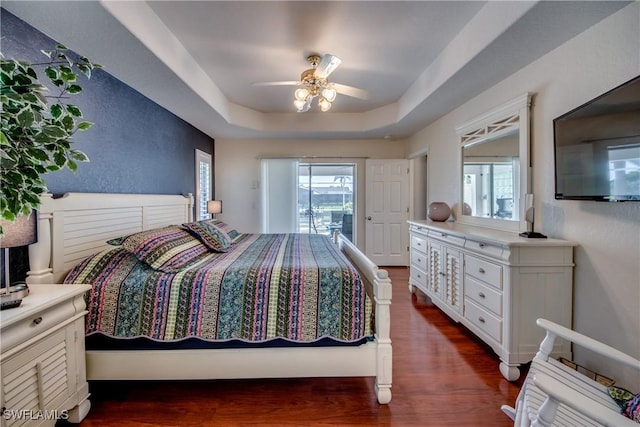 bedroom featuring multiple windows, dark hardwood / wood-style flooring, a tray ceiling, and ceiling fan