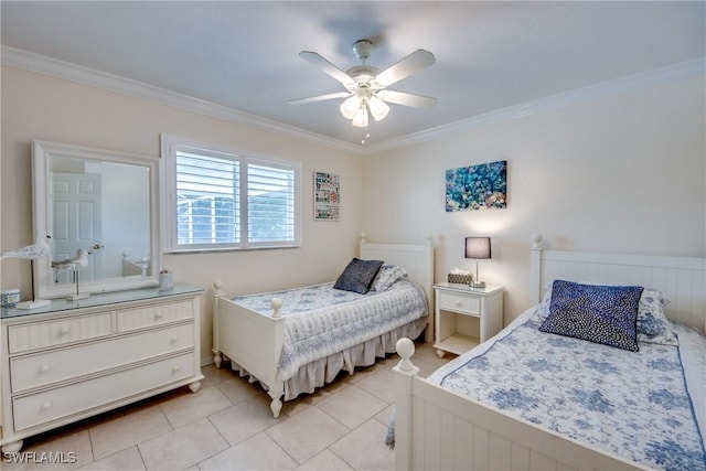 bedroom featuring ceiling fan, light tile patterned floors, and crown molding