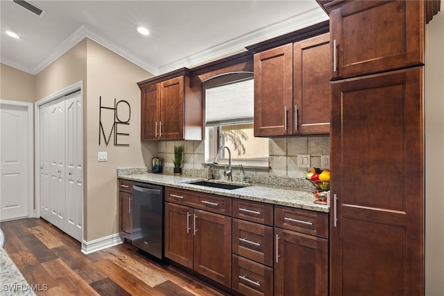 kitchen featuring dishwasher, sink, dark hardwood / wood-style floors, ornamental molding, and light stone counters