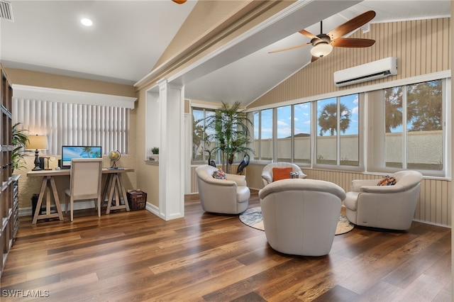 interior space with ceiling fan, vaulted ceiling, and a wall mounted AC