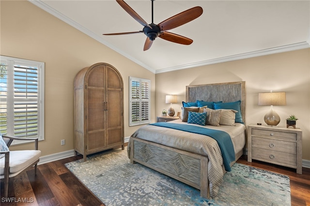 bedroom with ceiling fan, crown molding, dark wood-type flooring, and lofted ceiling