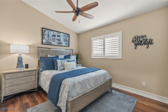 bedroom featuring lofted ceiling, ceiling fan, and dark hardwood / wood-style floors