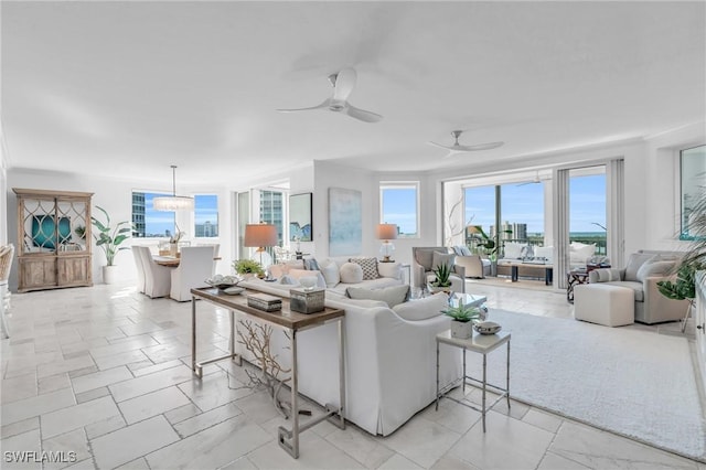 living room with ceiling fan