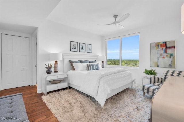 bedroom featuring ceiling fan, dark wood-type flooring, and a closet