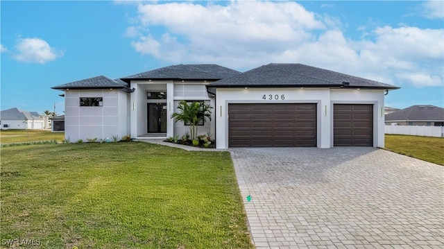 view of front facade with a garage and a front lawn