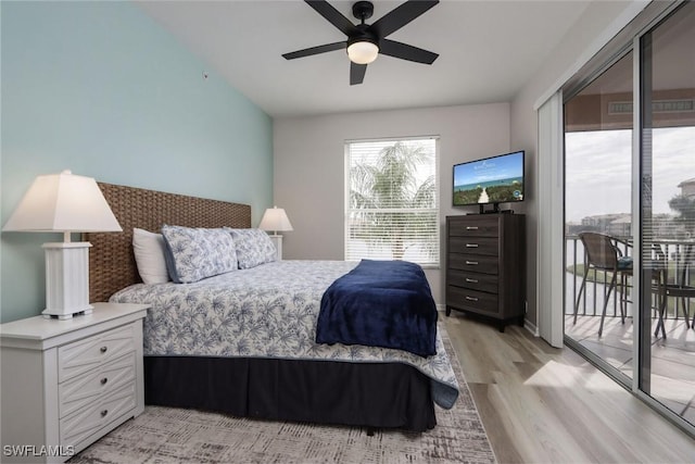 bedroom with ceiling fan, light wood-type flooring, and access to outside