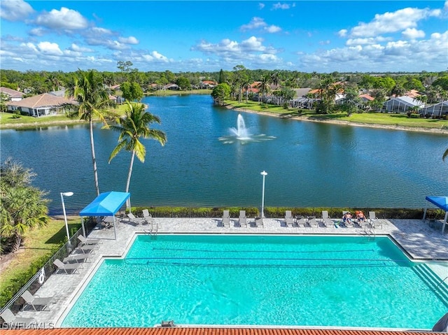 view of pool featuring a water view